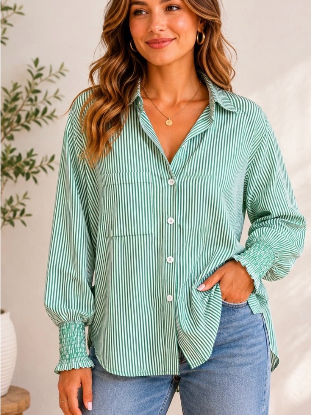 Boutique Green & White Striped Oversized Button Front Blouse Smocked Cuffs